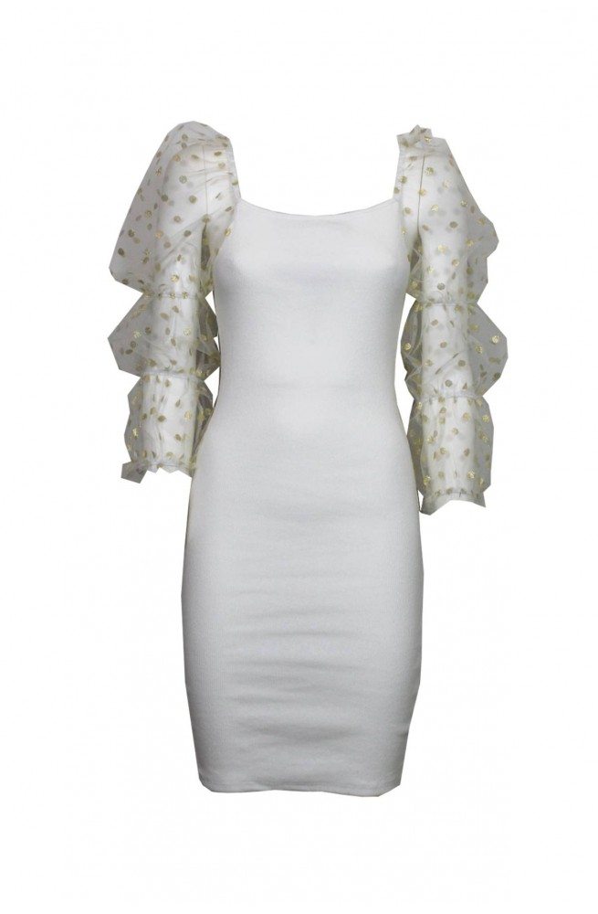 λευκό φόρεμα με διάφανο φουσκωτό πουά μανίκι