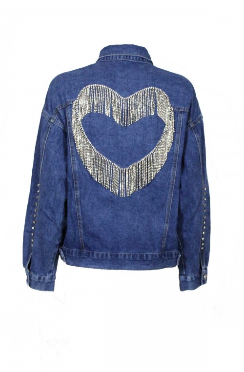 γυναικείο jean jacket oversize με stras κρόσσια καρδιά
