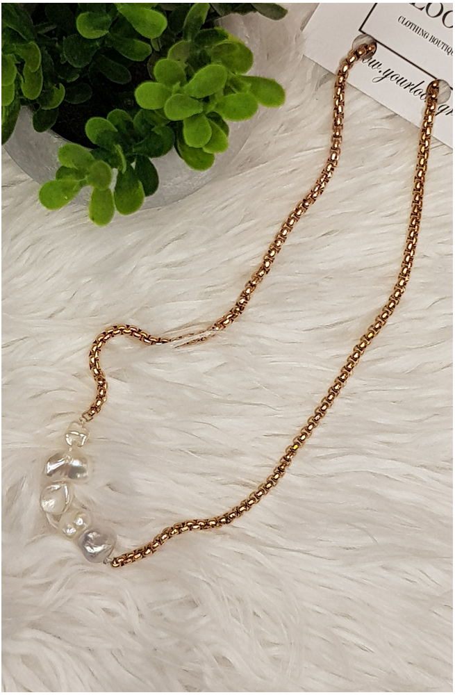 κολιέ ροζ χρυσό ατσάλι με μαργαριτάρια