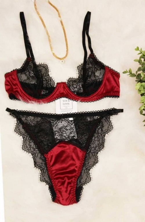 	women sexy lingerie set red satin lace with suspenders	