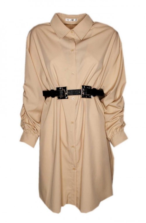 γυναικείο μακρύ πουκάμισο φόρεμα μπεζ μακρύ με σούρα στο μανίκι