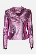 	women's pink metallic leather jacket with zipper	