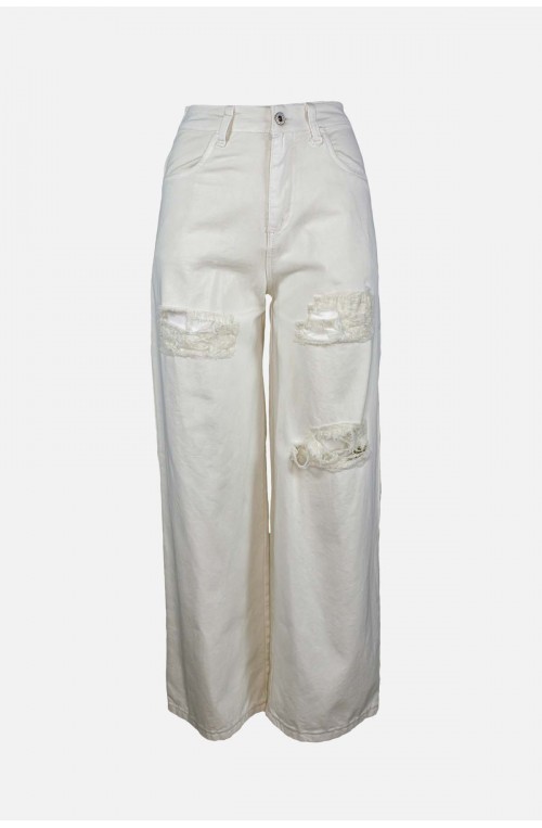 	women's off-white jean pants with high-waisted tears	