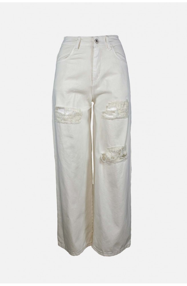 γυναικείο jean παντελόνι εκρού με σκισίματα ψηλόμεσο