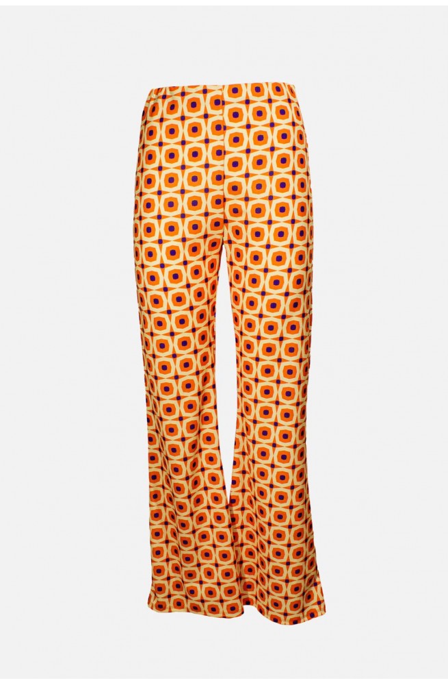 elastic orange bell bottoms with geometric patterns