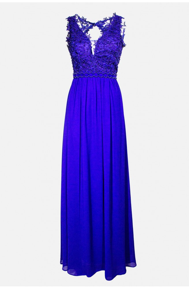 επίσημο μακρύ φόρεμα μουσελίνα με κεντημένο μπούστο μπλε ρούα