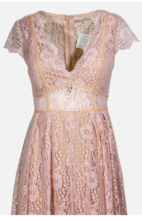 επίσημο ρομαντικό μακρύ φόρεμα δαντέλα ροζ μπεζ