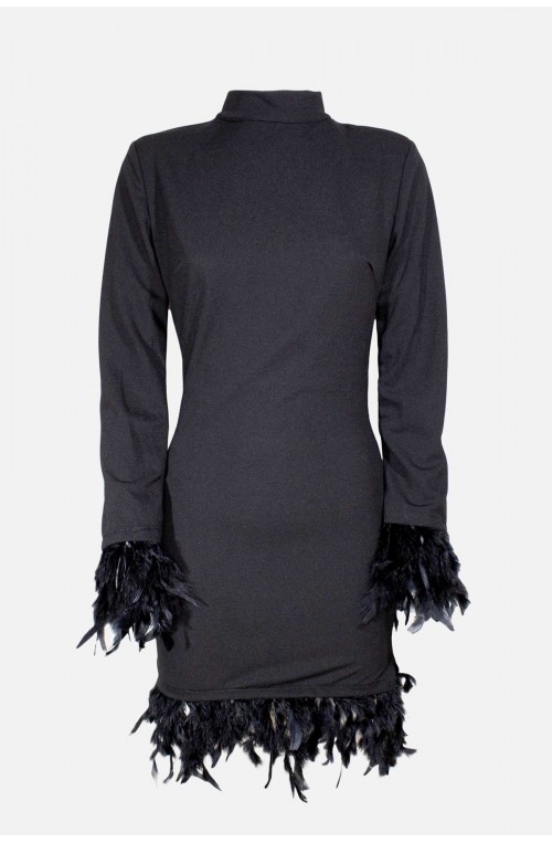 γυναικείο μίνι ζιβάγκο φόρεμα μακρυμάνικο με πούπουλα