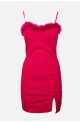 Γυναικείο στενό μίνι κόκκινο φόρεμα με  πούπουλά