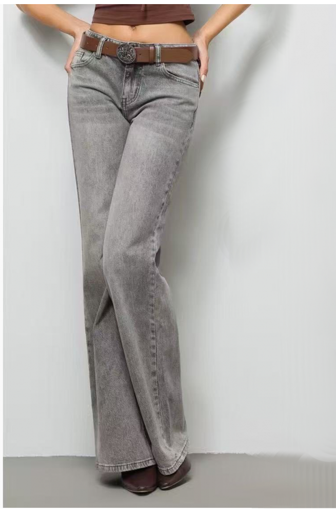 γυναικείο χαμηλοκάβαλο jean παντελόνι wide leg γκρι με ζώνη