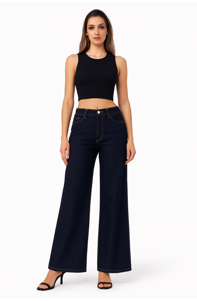 Γυναικείο τζιν παντελόνι φαρδιά γραμμή μπλε σκούρο