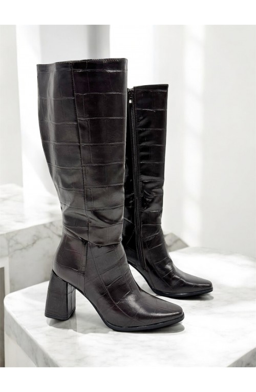 Γυναικεία croco μπότα ψηλή καφέ