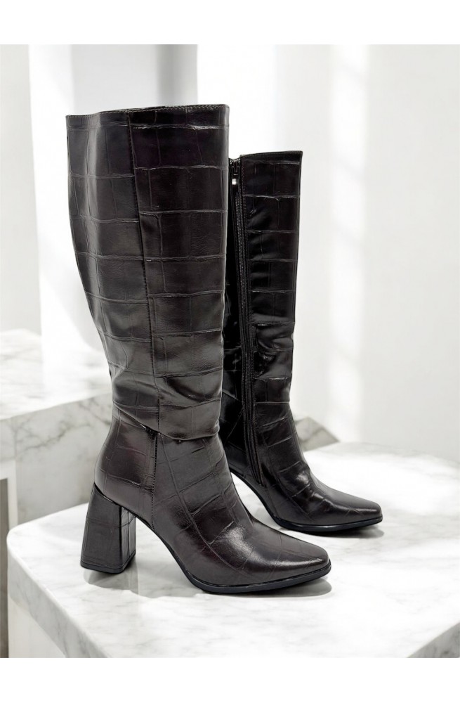 Γυναικεία croco μπότα ψηλή καφέ