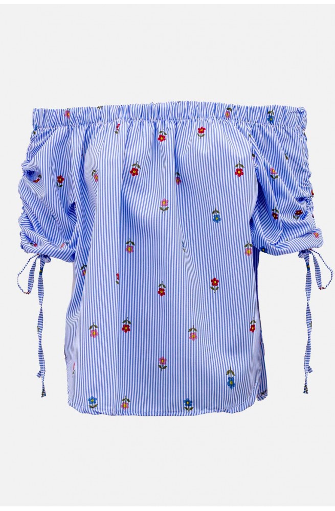 Γυναικεία μπλούζα  ριγέ έξω ώμοι με λουλούδια