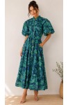 Γυναικείο μίντι ρομαντικό φόρεμα floral με στρας κουμπιά μπλε πράσινο