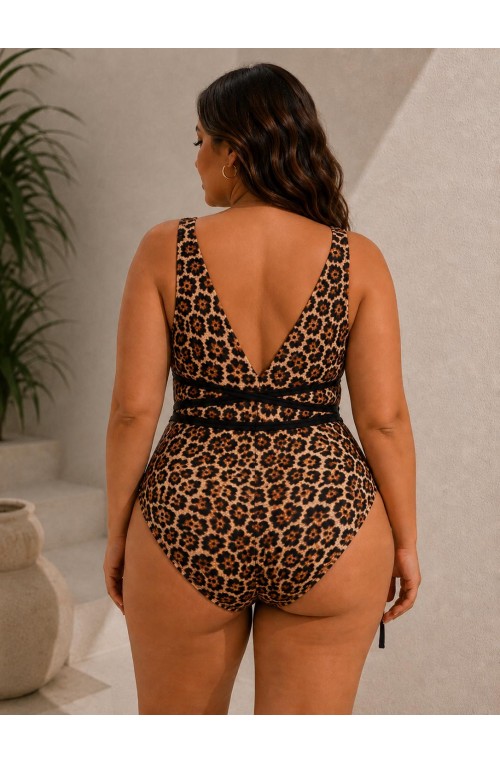 Sexy Ψηλόμεσα Γυναικεία μαγιό ολόσωμα λεοπάρ plus size